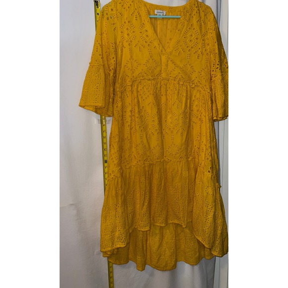 Sundance‎ Mustard Yellow Eyelet Embroidered Dress, Boho V Neck Hi-Low, XXS - Picture 5 of 7